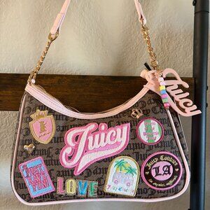 Juicy Couture Run The World Shoulder Bag Brown Logo Print Patch Y2K Pink Trim